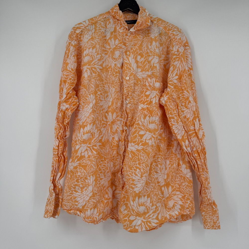 Zegna Sport Mens XL Orange White Floral 100% Linen Long Sleeve Button Up Shirt